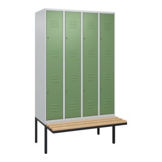 C+P Doppelstock-Spind Classic PLUS, Bank, 4 Abteile, 2120x1200x815mm, 7035/6011 Verschluss Zylinderschloss Sitzbanktyp auskragend Material Sitzfläche Buche-Hartholz