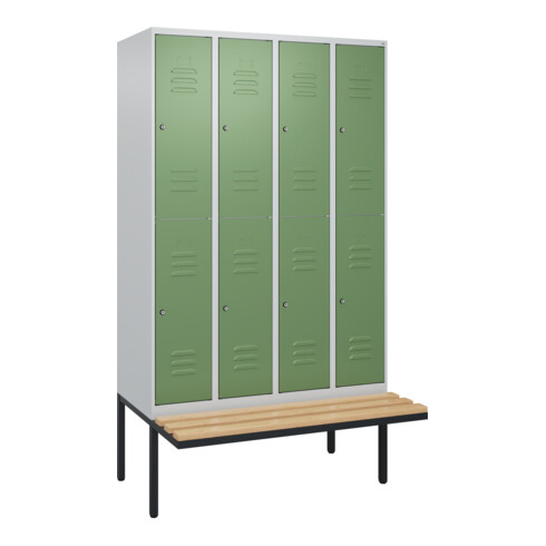 C+P Doppelstock-Spind Classic PLUS, Bank, 4 Abteile, 2120x1200x815mm, 7035/6011 Verschluss Zylinderschloss Sitzbanktyp auskragend Material Sitzfläche Buche-Hartholz