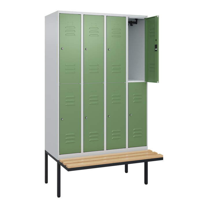 C+P Doppelstock-Spind Classic PLUS, Bank, 4 Abteile, 2120x1200x815mm, 7035/6011 Verschluss Zylinderschloss Sitzbanktyp auskragend Material Sitzfläche Buche-Hartholz