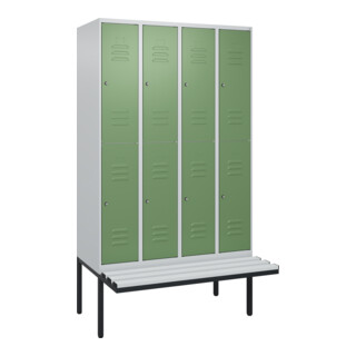 C+P Doppelstock-Spind Classic PLUS, Bank, 4 Abteile, 2120x1200x815mm, 7035/6011 Verschluss Zylinderschloss Sitzbanktyp auskragend Material Sitzfläche Kunststoff