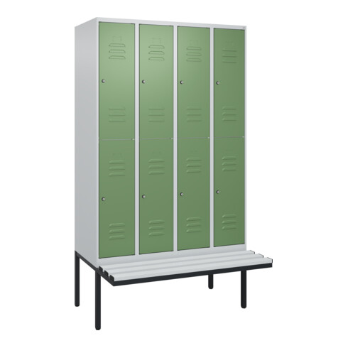 C+P Doppelstock-Spind Classic PLUS, Bank, 4 Abteile, 2120x1200x815mm, 7035/6011 Verschluss Zylinderschloss Sitzbanktyp auskragend Material Sitzfläche Kunststoff