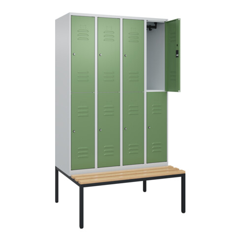 C+P Doppelstock-Spind Classic PLUS, Bank, 4 Abteile, 2120x1200x815mm, 7035/6011 Verschluss Zylinderschloss Sitzbanktyp untergebaut Material Sitzfläche Buche-Hartholz
