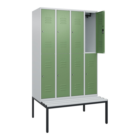C+P Doppelstock-Spind Classic PLUS, Bank, 4 Abteile, 2120x1200x815mm, 7035/6011 Verschluss Zylinderschloss Sitzbanktyp untergebaut Material Sitzfläche Kunststoff