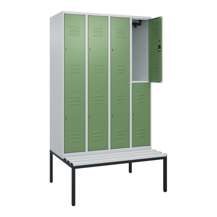 C+P Doppelstock-Spind Classic PLUS, Bank, 4 Abteile, 2120x1200x815mm, 7035/6011 Verschluss Zylinderschloss Sitzbanktyp untergebaut Material Sitzfläche Kunststoff