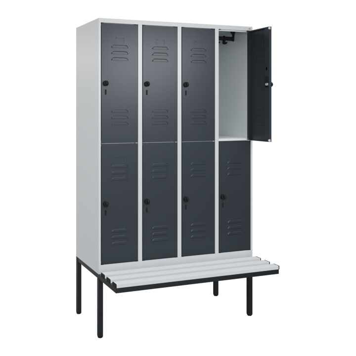 C+P Doppelstock-Spind Classic PLUS, Bank, 4 Abteile, 2120x1200x815mm, 7035/7016 Verschluss Sicherheits-Drehriegel Sitzbanktyp auskragend Material Sitzfläche Kunststoff
