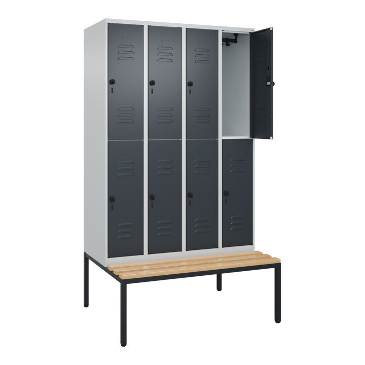 C+P Doppelstock-Spind Classic PLUS, Bank, 4 Abteile, 2120x1200x815mm, 7035/7016 Verschluss Sicherheits-Drehriegel Sitzbanktyp untergebaut Material Sitzfläche Buche-Hartholz