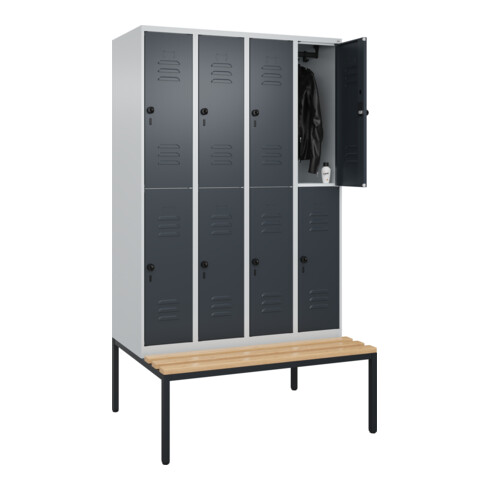 C+P Doppelstock-Spind Classic PLUS, Bank, 4 Abteile, 2120x1200x815mm, 7035/7016 Verschluss Sicherheits-Drehriegel Sitzbanktyp untergebaut Material Sitzfläche Buche-Hartholz