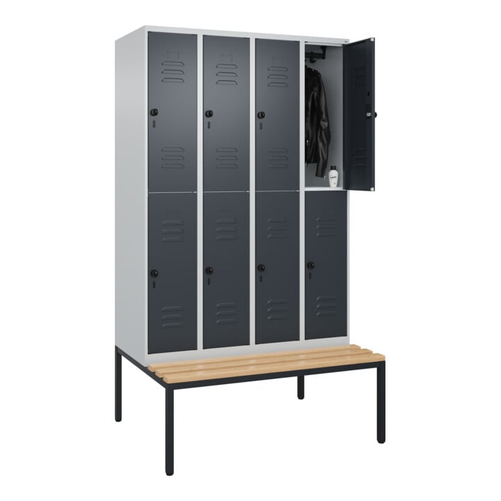 C+P Doppelstock-Spind Classic PLUS, Bank, 4 Abteile, 2120x1200x815mm, 7035/7016 Verschluss Sicherheits-Drehriegel Sitzbanktyp untergebaut Material Sitzfläche Buche-Hartholz