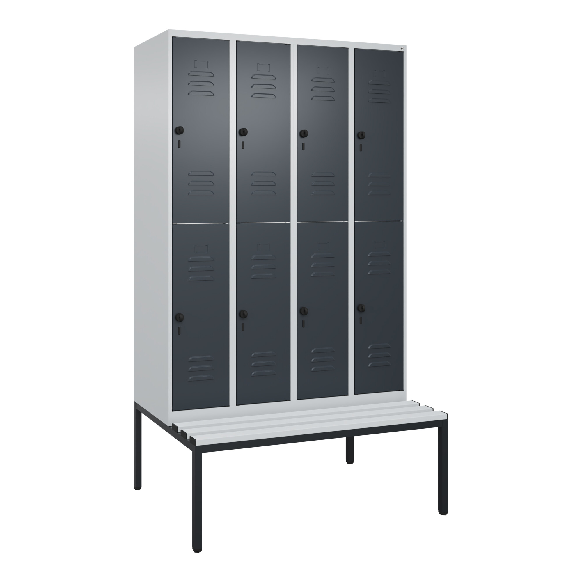 C+P Doppelstock-Spind Classic PLUS, Bank, 4 Abteile, 2120x1200x815mm, 7035/7016 Verschluss Sicherheits-Drehriegel Sitzbanktyp untergebaut Material Sit