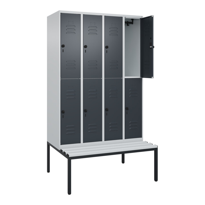 C+P Doppelstock-Spind Classic PLUS, Bank, 4 Abteile, 2120x1200x815mm, 7035/7016 Verschluss Sicherheits-Drehriegel Sitzbanktyp untergebaut Material Sitzfläche Kunststoff