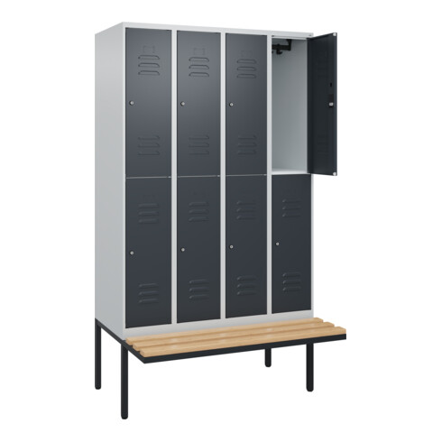 C+P Doppelstock-Spind Classic PLUS, Bank, 4 Abteile, 2120x1200x815mm, 7035/7016 Verschluss Zylinderschloss Sitzbanktyp auskragend Material Sitzfläche Buche-Hartholz
