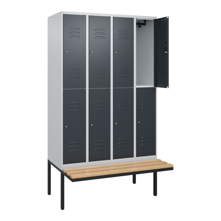 C+P Doppelstock-Spind Classic PLUS, Bank, 4 Abteile, 2120x1200x815mm, 7035/7016 Verschluss Zylinderschloss Sitzbanktyp auskragend Material Sitzfläche Buche-Hartholz