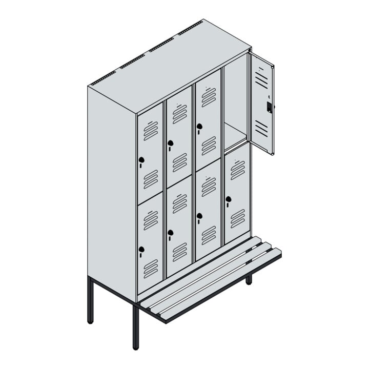 C+P Doppelstock-Spind Classic PLUS, Bank, 4 Abteile, 2120x1200x815mm, 7035/7016 Verschluss Zylinderschloss Sitzbanktyp auskragend Material Sitzfläche Buche-Hartholz