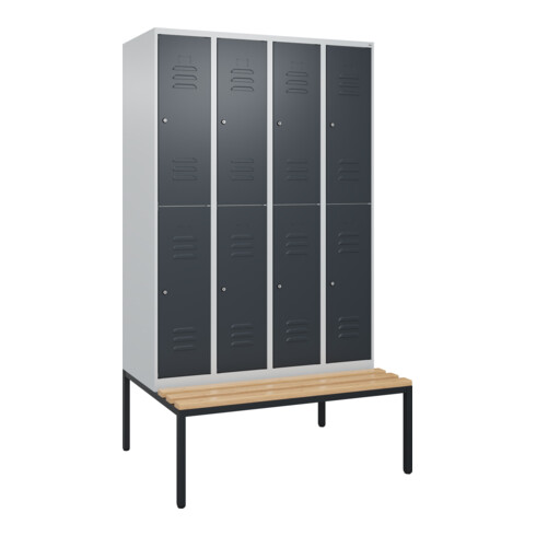 C+P Doppelstock-Spind Classic PLUS, Bank, 4 Abteile, 2120x1200x815mm, 7035/7016 Verschluss Zylinderschloss Sitzbanktyp untergebaut Material Sitzfläche Buche-Hartholz