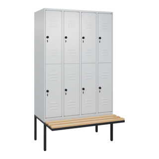 C+P Doppelstock-Spind Classic PLUS, Bank, 4 Abteile, 2120x1200x815mm, 7035/7035 Verschluss Sicherheits-Drehriegel Sitzbanktyp auskragend Material Sitzfläche Buche-Hartholz