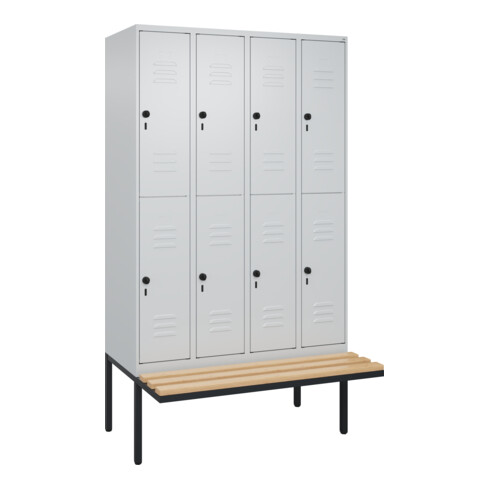 C+P Doppelstock-Spind Classic PLUS, Bank, 4 Abteile, 2120x1200x815mm, 7035/7035 Verschluss Sicherheits-Drehriegel Sitzbanktyp auskragend Material Sitzfläche Buche-Hartholz