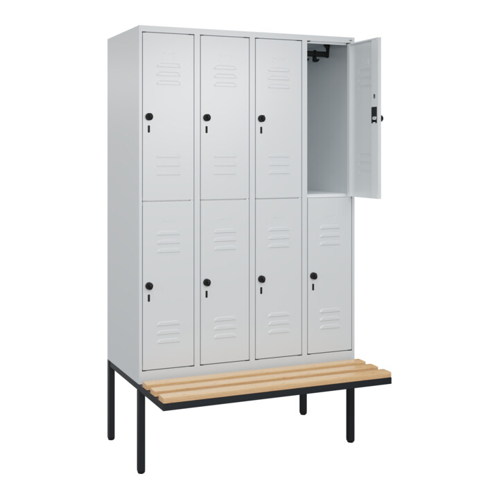 C+P Doppelstock-Spind Classic PLUS, Bank, 4 Abteile, 2120x1200x815mm, 7035/7035 Verschluss Sicherheits-Drehriegel Sitzbanktyp auskragend Material Sitzfläche Buche-Hartholz