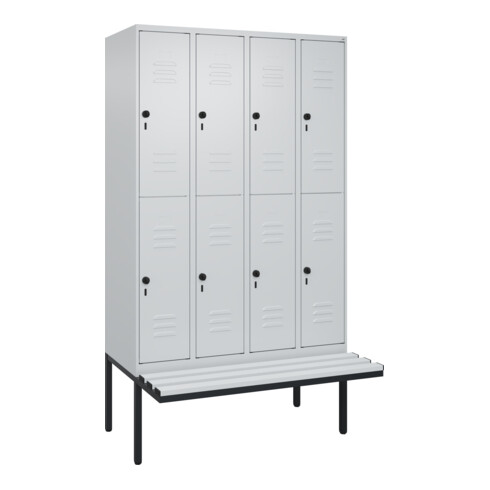C+P Doppelstock-Spind Classic PLUS, Bank, 4 Abteile, 2120x1200x815mm, 7035/7035 Verschluss Sicherheits-Drehriegel Sitzbanktyp auskragend Material Sitzfläche Kunststoff