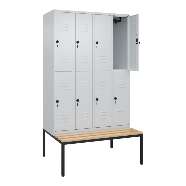 C+P Doppelstock-Spind Classic PLUS, Bank, 4 Abteile, 2120x1200x815mm, 7035/7035 Verschluss Sicherheits-Drehriegel Sitzbanktyp untergebaut Material Sitzfläche Buche-Hartholz