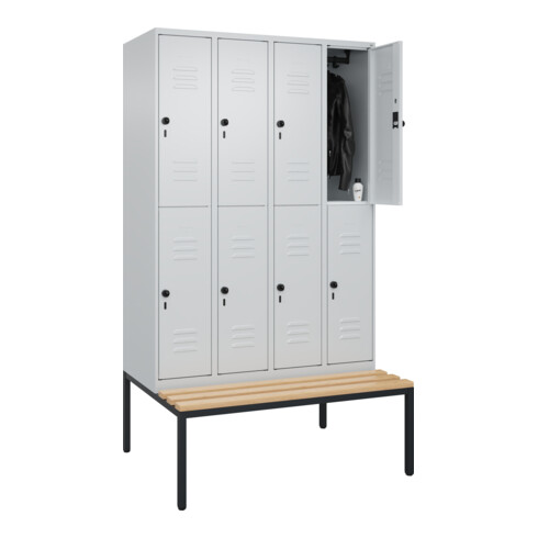 C+P Doppelstock-Spind Classic PLUS, Bank, 4 Abteile, 2120x1200x815mm, 7035/7035 Verschluss Sicherheits-Drehriegel Sitzbanktyp untergebaut Material Sitzfläche Buche-Hartholz