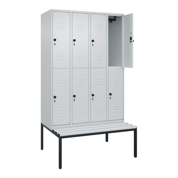 C+P Doppelstock-Spind Classic PLUS, Bank, 4 Abteile, 2120x1200x815mm, 7035/7035 Verschluss Sicherheits-Drehriegel Sitzbanktyp untergebaut Material Sitzfläche Kunststoff