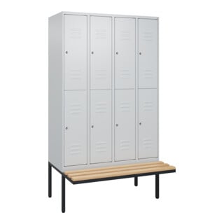 C+P Doppelstock-Spind Classic PLUS, Bank, 4 Abteile, 2120x1200x815mm, 7035/7035 Verschluss Zylinderschloss Sitzbanktyp auskragend Material Sitzfläche Buche-Hartholz