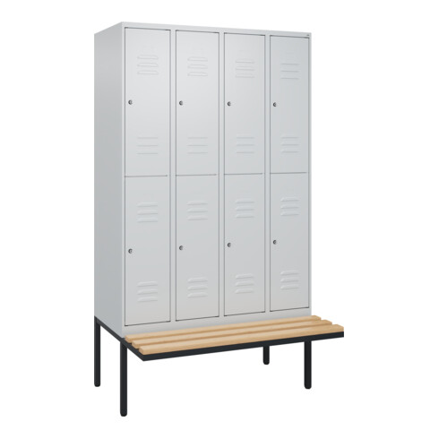 C+P Doppelstock-Spind Classic PLUS, Bank, 4 Abteile, 2120x1200x815mm, 7035/7035 Verschluss Zylinderschloss Sitzbanktyp auskragend Material Sitzfläche Buche-Hartholz