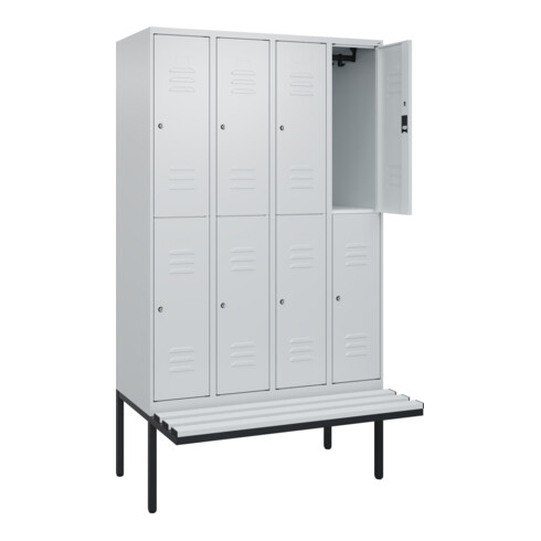 C+P Doppelstock-Spind Classic PLUS, Bank, 4 Abteile, 2120x1200x815mm, 7035/7035 Verschluss Zylinderschloss Sitzbanktyp auskragend Material Sitzfläche Kunststoff