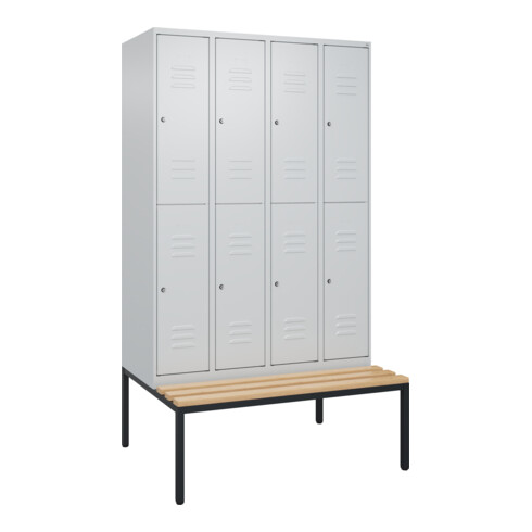 C+P Doppelstock-Spind Classic PLUS, Bank, 4 Abteile, 2120x1200x815mm, 7035/7035 Verschluss Zylinderschloss Sitzbanktyp untergebaut Material Sitzfläche Buche-Hartholz