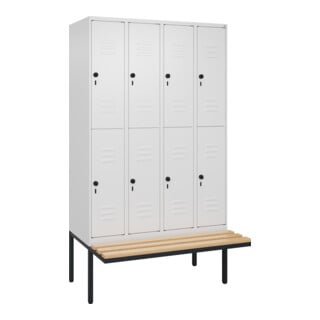 C+P Doppelstock-Spind Classic PLUS, Bank, 4 Abteile, 2120x1200x815mm, 9016/9016 Verschluss Sicherheits-Drehriegel Sitzbanktyp auskragend Material Sitzfläche Buche-Hartholz