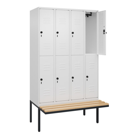 C+P Doppelstock-Spind Classic PLUS, Bank, 4 Abteile, 2120x1200x815mm, 9016/9016 Verschluss Sicherheits-Drehriegel Sitzbanktyp auskragend Material Sitzfläche Buche-Hartholz