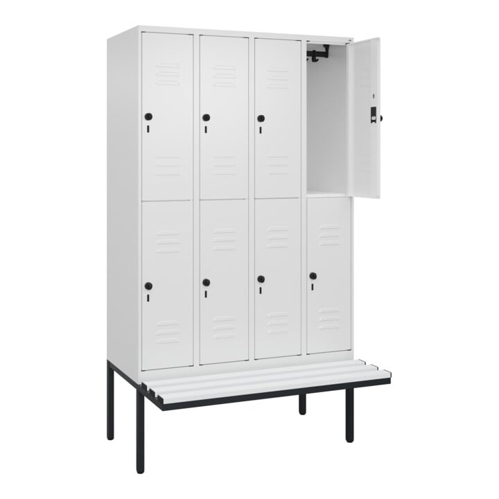 C+P Doppelstock-Spind Classic PLUS, Bank, 4 Abteile, 2120x1200x815mm, 9016/9016 Verschluss Sicherheits-Drehriegel Sitzbanktyp auskragend Material Sitzfläche Kunststoff