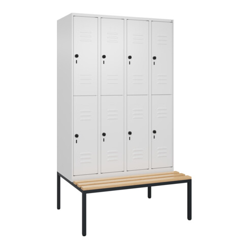 C+P Doppelstock-Spind Classic PLUS, Bank, 4 Abteile, 2120x1200x815mm, 9016/9016 Verschluss Sicherheits-Drehriegel Sitzbanktyp untergebaut Material Sitzfläche Buche-Hartholz