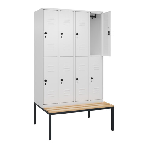 C+P Doppelstock-Spind Classic PLUS, Bank, 4 Abteile, 2120x1200x815mm, 9016/9016 Verschluss Sicherheits-Drehriegel Sitzbanktyp untergebaut Material Sitzfläche Buche-Hartholz