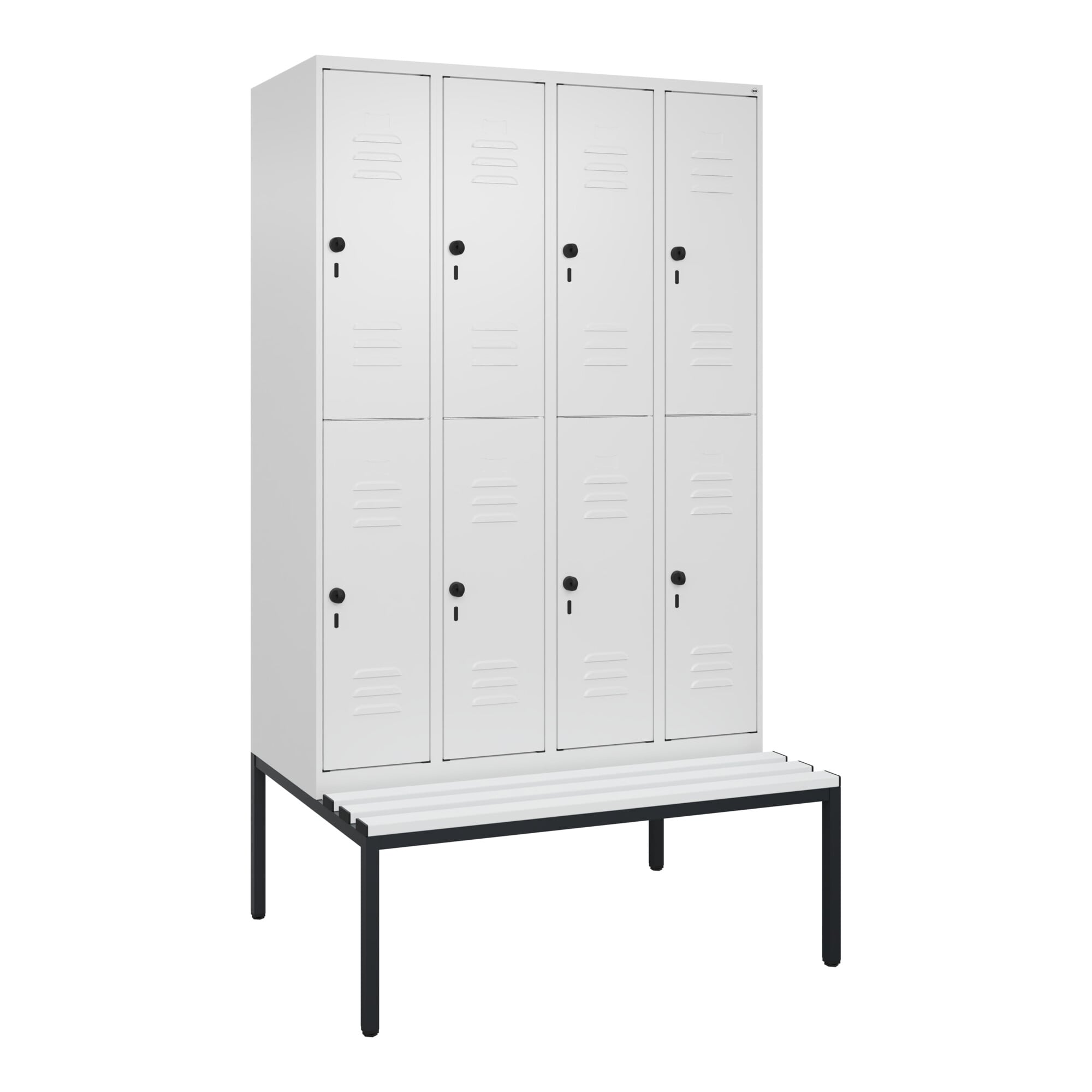 C+P Doppelstock-Spind Classic PLUS, Bank, 4 Abteile, 2120x1200x815mm, 9016/9016 Verschluss Sicherheits-Drehriegel Sitzbanktyp untergebaut Material Sit