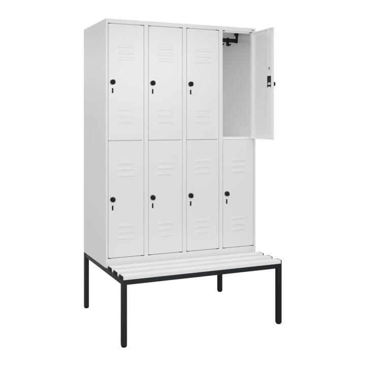 C+P Doppelstock-Spind Classic PLUS, Bank, 4 Abteile, 2120x1200x815mm, 9016/9016 Verschluss Sicherheits-Drehriegel Sitzbanktyp untergebaut Material Sitzfläche Kunststoff