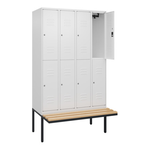C+P Doppelstock-Spind Classic PLUS, Bank, 4 Abteile, 2120x1200x815mm, 9016/9016 Verschluss Zylinderschloss Sitzbanktyp auskragend Material Sitzfläche Buche-Hartholz