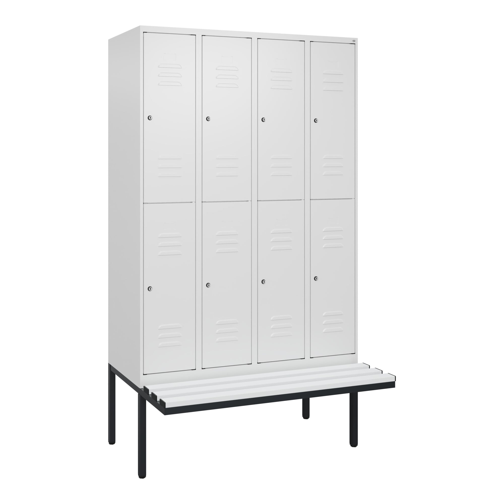 C+P Doppelstock-Spind Classic PLUS, Bank, 4 Abteile, 2120x1200x815mm, 9016/9016 Verschluss Zylinderschloss Sitzbanktyp auskragend Material Sitzfläche