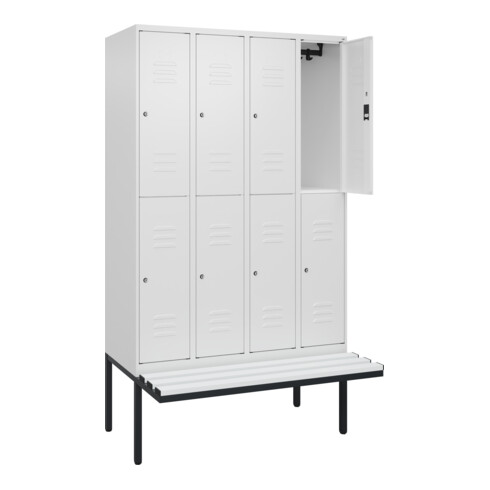 C+P Doppelstock-Spind Classic PLUS, Bank, 4 Abteile, 2120x1200x815mm, 9016/9016 Verschluss Zylinderschloss Sitzbanktyp auskragend Material Sitzfläche Kunststoff