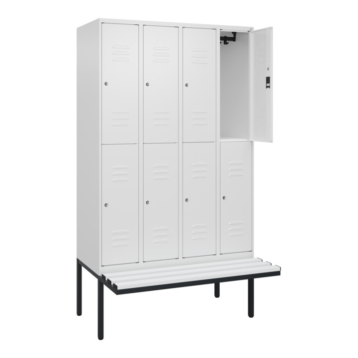 C+P Doppelstock-Spind Classic PLUS, Bank, 4 Abteile, 2120x1200x815mm, 9016/9016 Verschluss Zylinderschloss Sitzbanktyp auskragend Material Sitzfläche Kunststoff