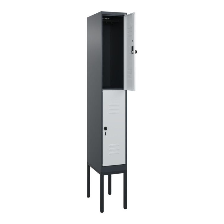 C+P Doppelstock-Spind Classic PLUS, Gestell, 1 Abteil, 2120x300x500mm, 7016/7035 Verschluss Sicherheits-Drehriegel Front RAL 7035 Lichtgrau