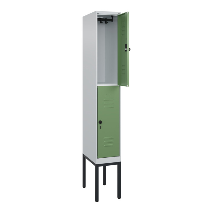 C+P Doppelstock-Spind Classic PLUS, Gestell, 1 Abteil, 2120x300x500mm, 7035/6011 Verschluss Sicherheits-Drehriegel Front RAL 6011 Resedagrün