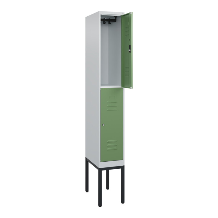 C+P Doppelstock-Spind Classic PLUS, Gestell, 1 Abteil, 2120x300x500mm, 7035/6011 Verschluss Zylinderschloss Front RAL 6011 Resedagrün