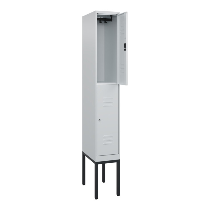 C+P Doppelstock-Spind Classic PLUS, Gestell, 1 Abteil, 2120x300x500mm, 7035/7035 Verschluss Zylinderschloss Front RAL 7035 Lichtgrau
