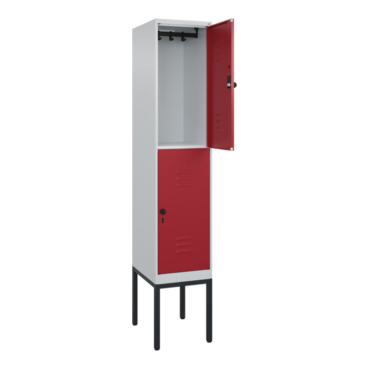C+P Doppelstock-Spind Classic PLUS, Gestell, 1 Abteil, 2120x400x500mm, 7035/3003 Verschluss Sicherheits-Drehriegel Front RAL 3003 Rubinrot