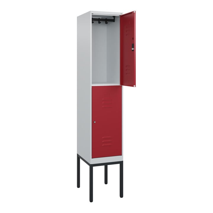 C+P Doppelstock-Spind Classic PLUS, Gestell, 1 Abteil, 2120x400x500mm, 7035/3003 Verschluss Zylinderschloss Front RAL 3003 Rubinrot