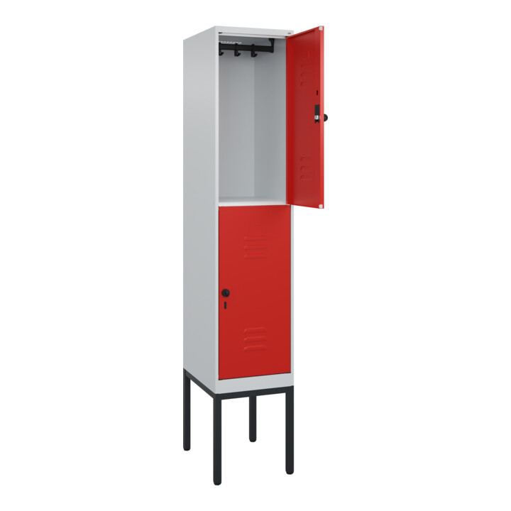 C+P Doppelstock-Spind Classic PLUS, Gestell, 1 Abteil, 2120x400x500mm, 7035/3020 Verschluss Sicherheits-Drehriegel Front RAL 3020 Verkehrsrot