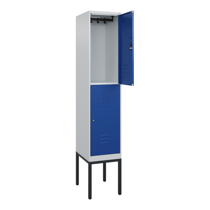 C+P Doppelstock-Spind Classic PLUS, Gestell, 1 Abteil, 2120x400x500mm, 7035/5010 Verschluss Zylinderschloss Front RAL 5010 Enzianblau