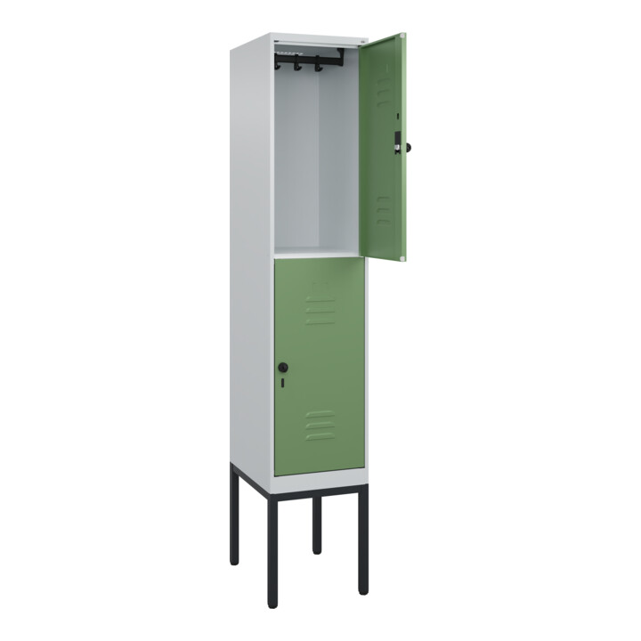 C+P Doppelstock-Spind Classic PLUS, Gestell, 1 Abteil, 2120x400x500mm, 7035/6011 Verschluss Sicherheits-Drehriegel Front RAL 6011 Resedagrün