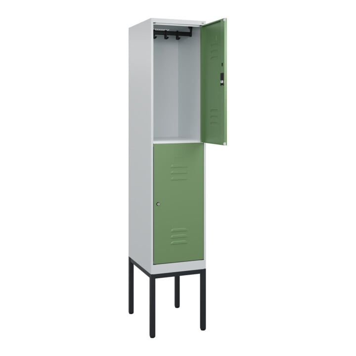 C+P Doppelstock-Spind Classic PLUS, Gestell, 1 Abteil, 2120x400x500mm, 7035/6011 Verschluss Zylinderschloss Front RAL 6011 Resedagrün
